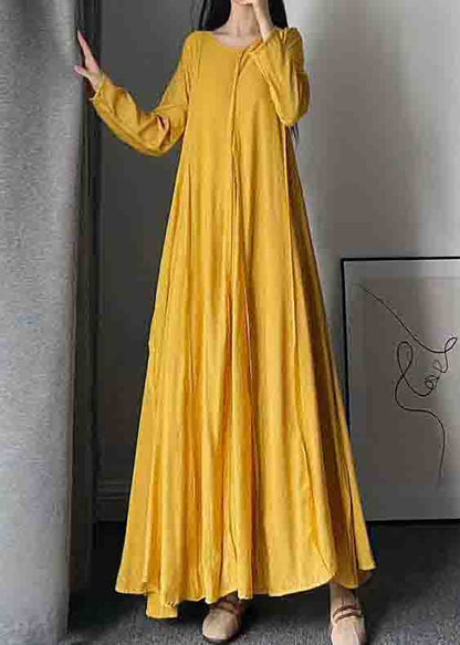 New Yellow O Neck Wrinkled Patchwork Cotton Exra Large Hem Dress Fall