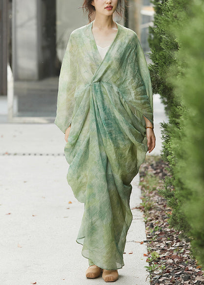Green V Neck Print Linen Two Pieces Set Batwing Sleeve