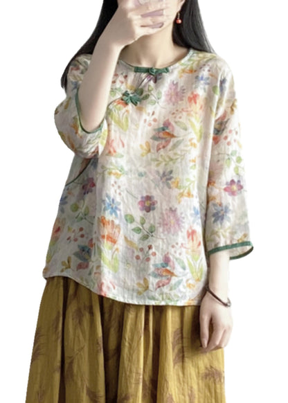 Pink Print Linen Oriental Blouses Bracelet Sleeve