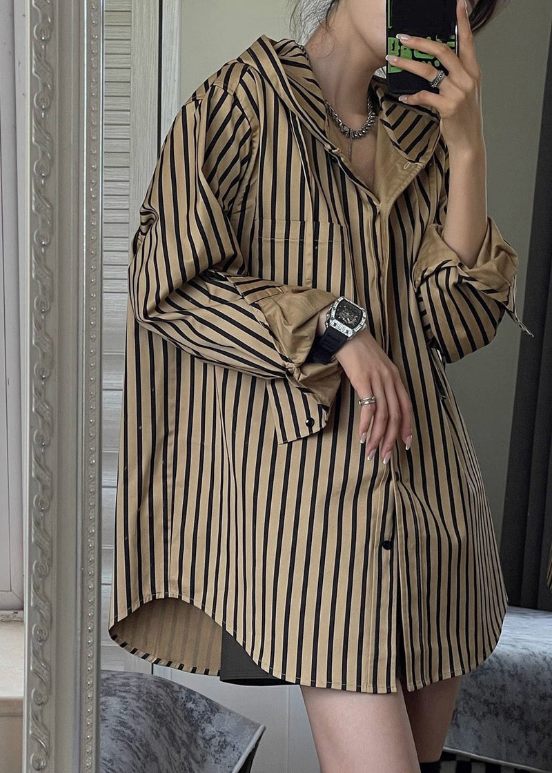 Natural Khaki Striped Button Hooded Shirts Spring