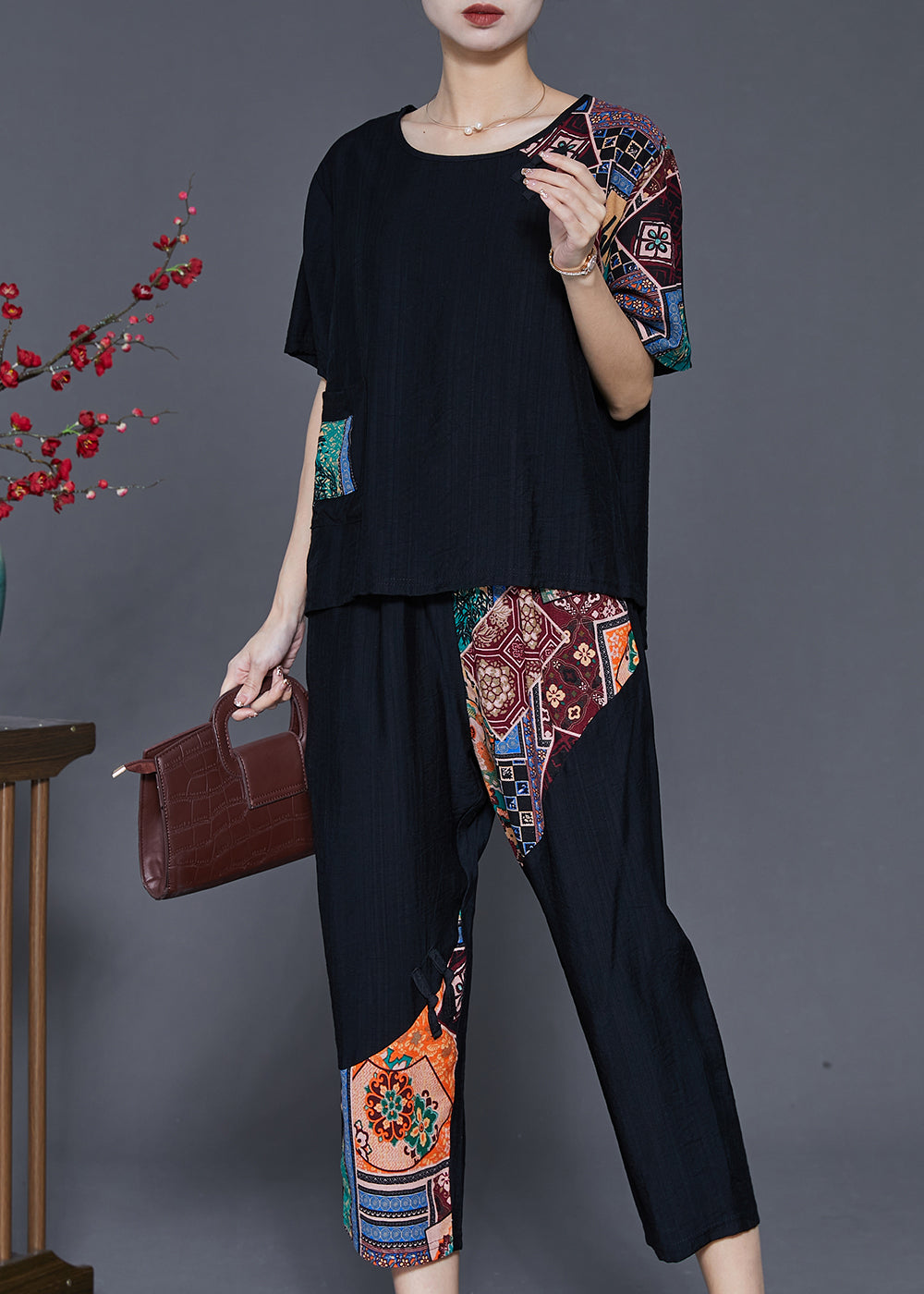 Black Oversized Patchwork Cotton Two Pieces Set Summer