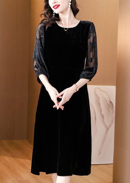 Black O-neck Embroideried Tulle Patchwork Silk Maxi Dresses Fall