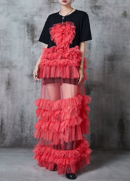 Black Ruffled Patchwork Tulle Long Dress Summer