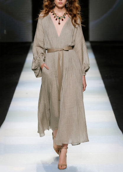 Khaki V Neck Tie Waist Cotton Long Dresses Spring
