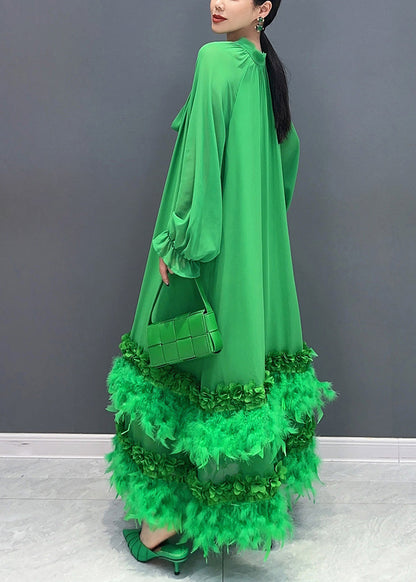 Green Bow Patchwork Tassel Chiffon Long Dresses Fall