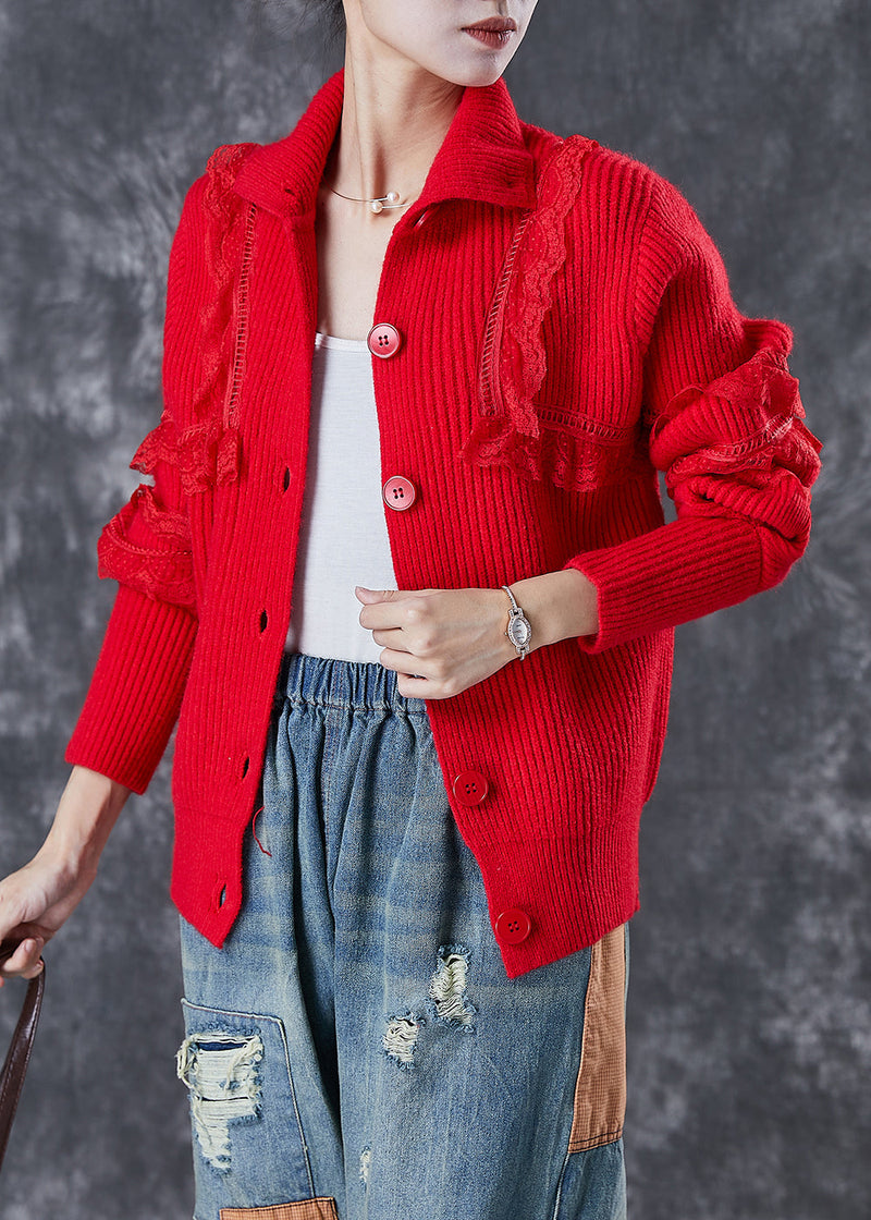 Red Peter Pan Collar Lace Patchwork Knit Coats Winter