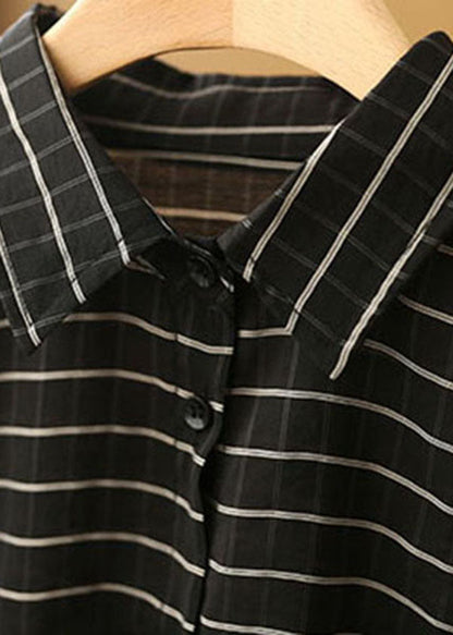 Black Peter Pan Collar Striped Pockets Drawstring Blouse Top Short Sleeve