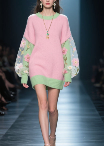 French Colorblock Tulle Patchwork Knit Sweater Dress Winter