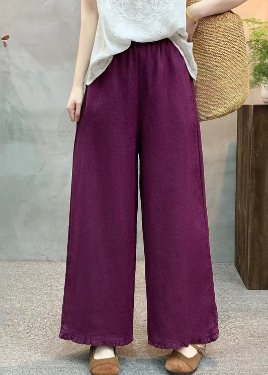 Italian Purple Ruffled Linen Straight Pants Summer