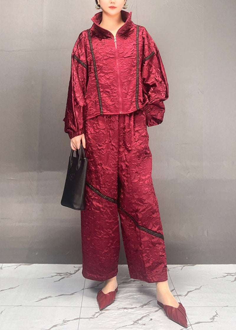 Red Stand Collar Patchwork Cotton Two Piece Set Fall
