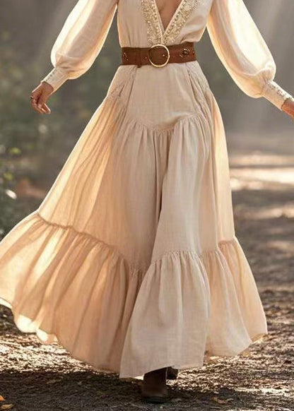 Natural Beige Deep-v Neck Exra Large Hem Cinched Dress Spring