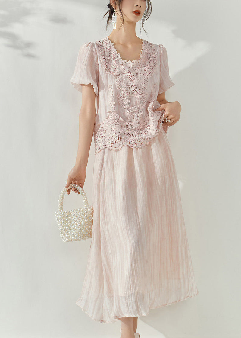 Pink Lace Patchwork Silk Cotton Top and Maxi Skirts Two Pieces Set Puff Sleeve