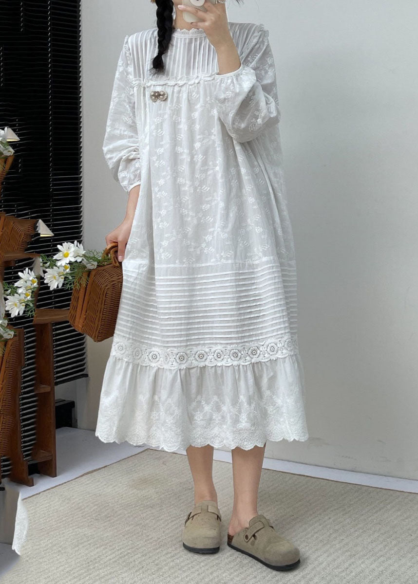 White Embroidered Ruffled Patchwork Wrinkled Cotton Maxi Dress Long Slee