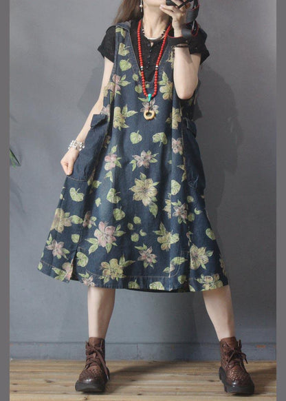 Classy Blue Print Green Cotton Side Open Summer Maxi Dresses