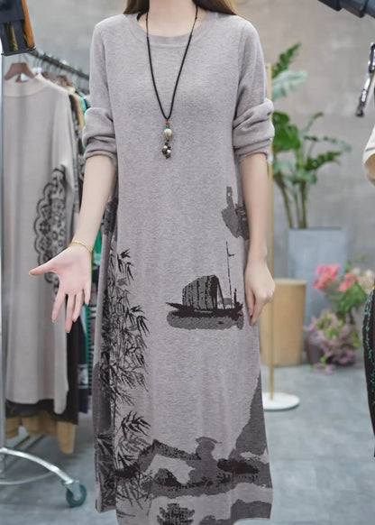 Grey O Neck Print Knit Sweater Dress Winter