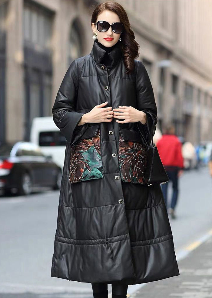 Black Stand Collar Drawstring Sheepskin Duck Down Filled Jacket Winter