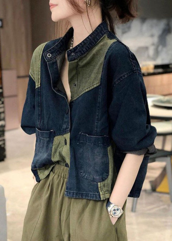 Stand Collar Pockets Patchwork Denim Coats Fall