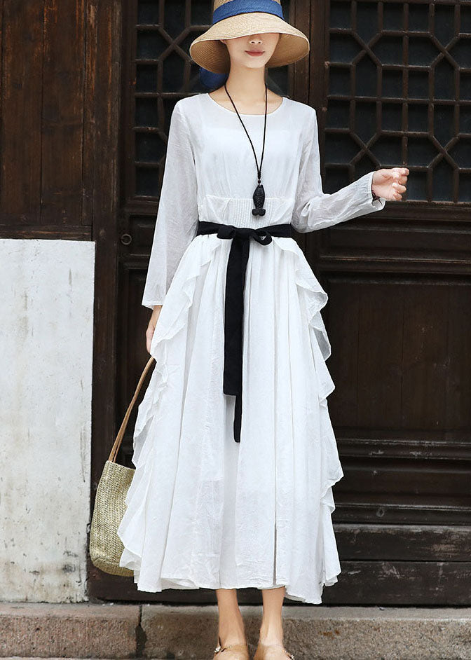 French White O-neck Ruffled Cotton Party Dress Long Sleeve