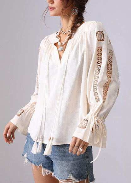 Apricot Hollow Out Lace Up Shirt Flare Sleeve
