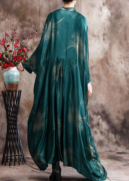 French Green Print Chiffon Dress Long Asymmetric Art Dress
