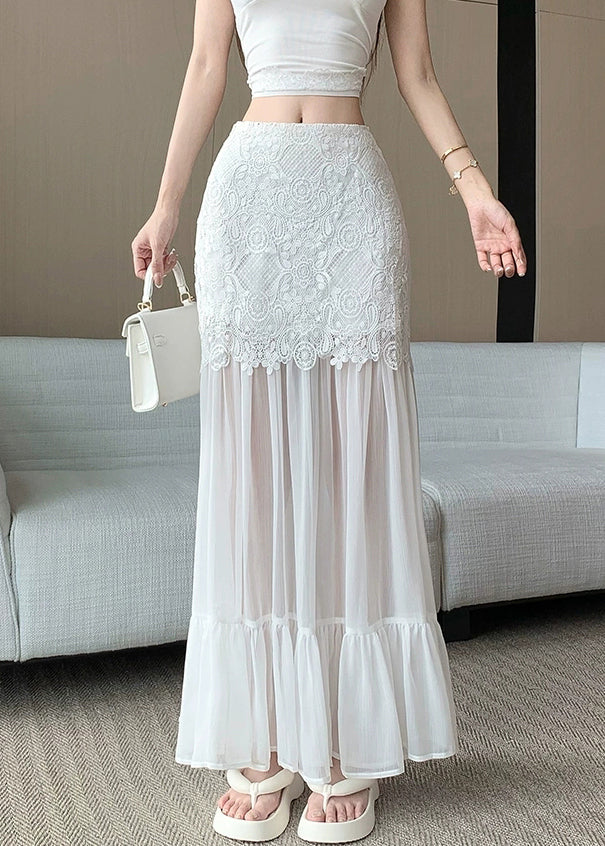 White Wrinkled Lace Patchwork Tulle Summer Skirt High Waist