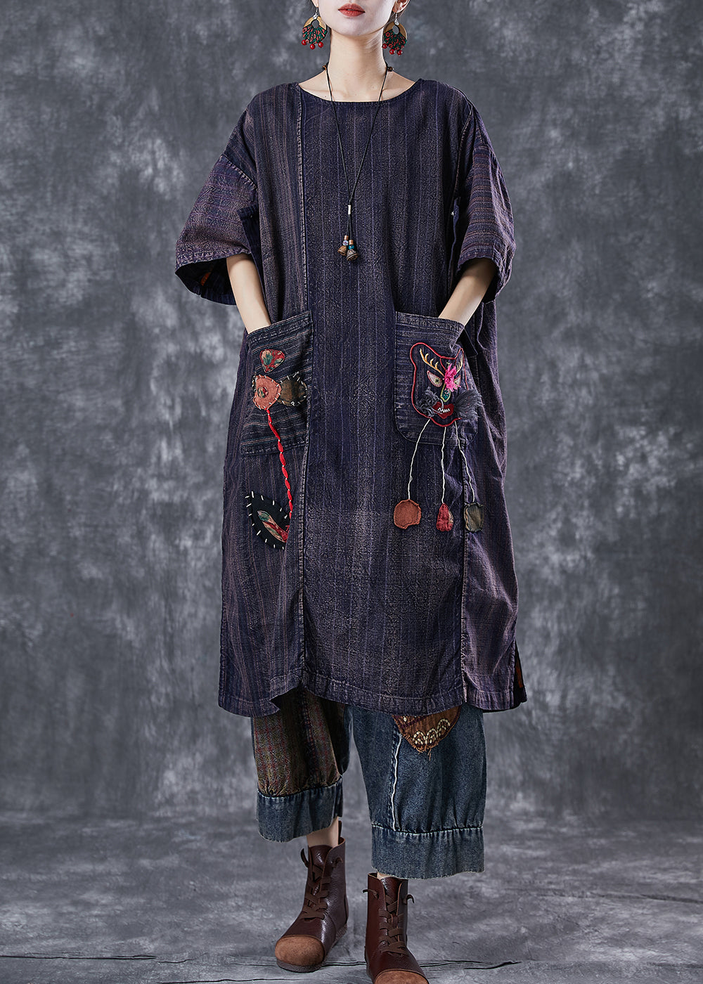 Embroideried Patchwork Applique Wear on Both Sides Cotton Dress Summer