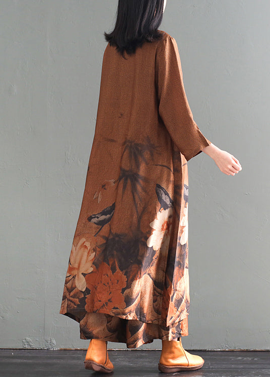 Khaki Print Chinese Button Silk Two Piece Set Clothing Fall