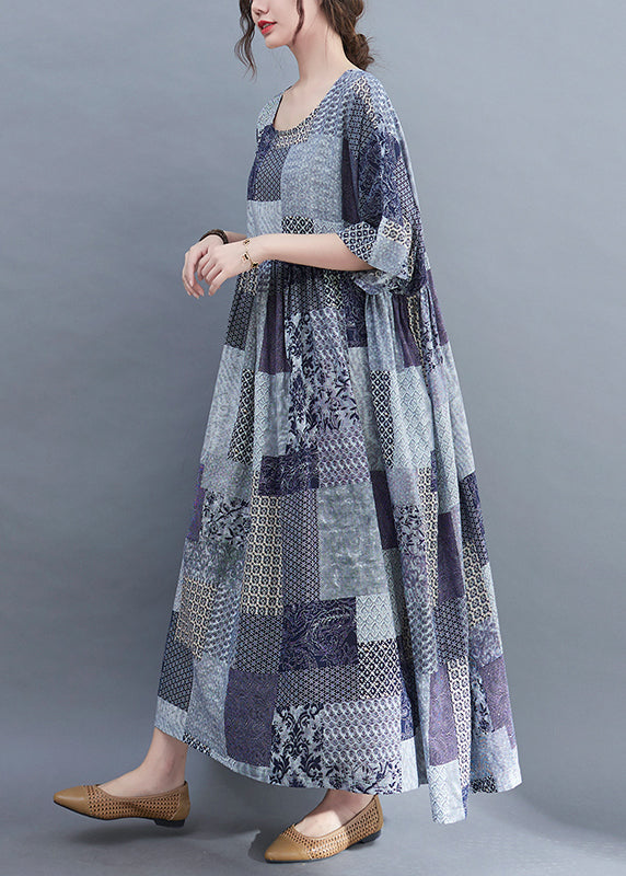 Blue Plaid O-neck Wrinkled Exra Large Hem Dress Half Sleeve