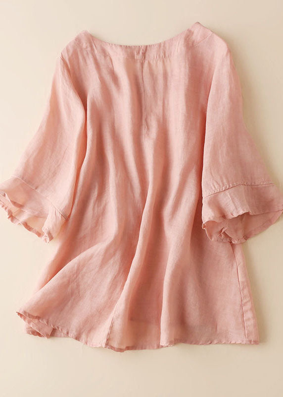 Pink Cinched Patchwork Linen Blouse Tops Half Sleeve