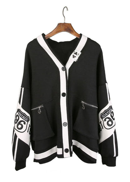 Black V Neck Patchwork Button Coat Spring