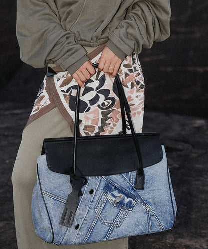 Denim Blue Patchwork Leather Large Capacity Shoulder Bags
