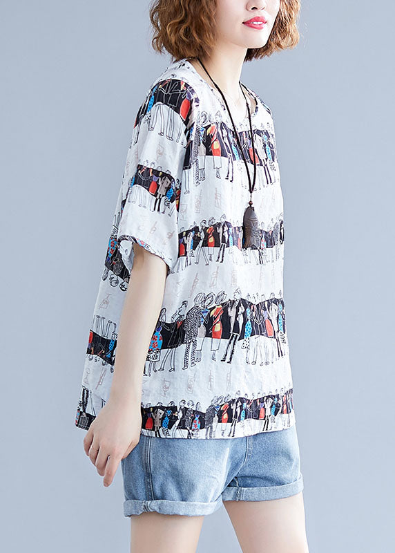 White O-neck Character Print Cotton Tops Summer