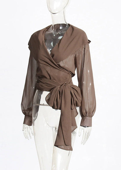 New Coffee Cross Tied Bow Chiffon Hooded Shirt Top Autumn