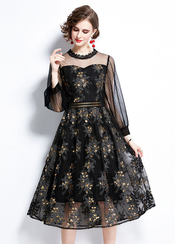 Black Embroideried Sequins Patchwork Hollow Out Tulle Dress Fall