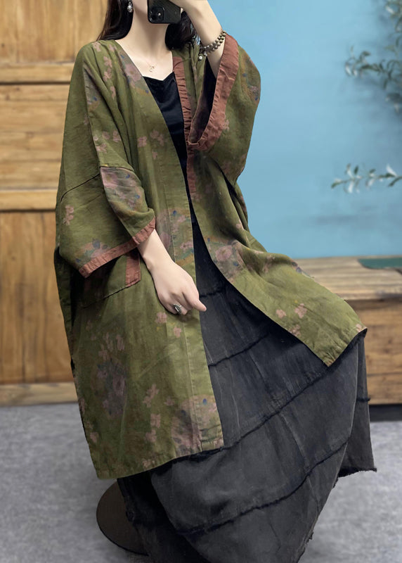 Green V Neck Print Linen Cardigans Spring