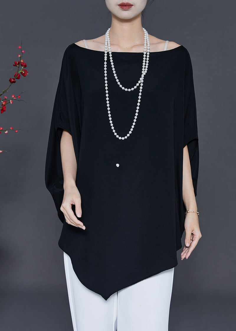 Black Asymmetrical Chiffon Shirts Batwing Sleeve