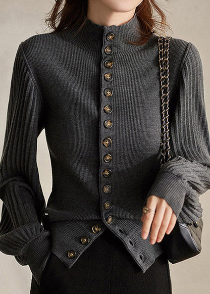 Grey Stand Collar Button Knit Top Lantern Sleeve