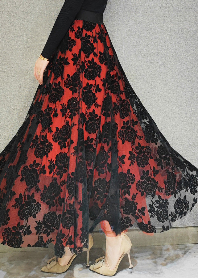 Red High Waist Tulle a Line Skirt Spring