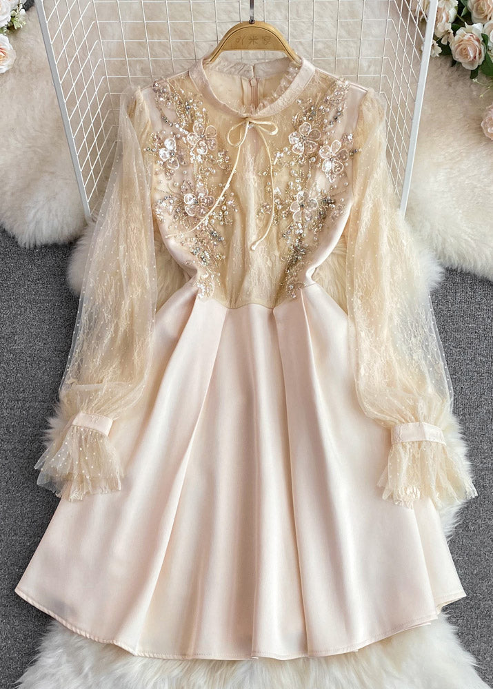 Apricot Stand Collar Tulle Patchwork Nail Bead a Line Maxi Dresses Long Sleeve
