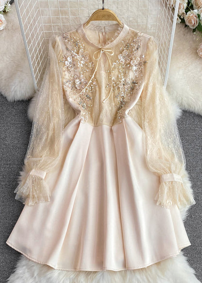Apricot Stand Collar Tulle Patchwork Nail Bead a Line Maxi Dresses Long Sleeve