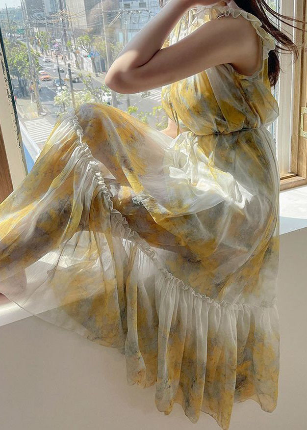 Yellow Ruffled Lace Up Chiffon Two Pieces Set Sleeveless