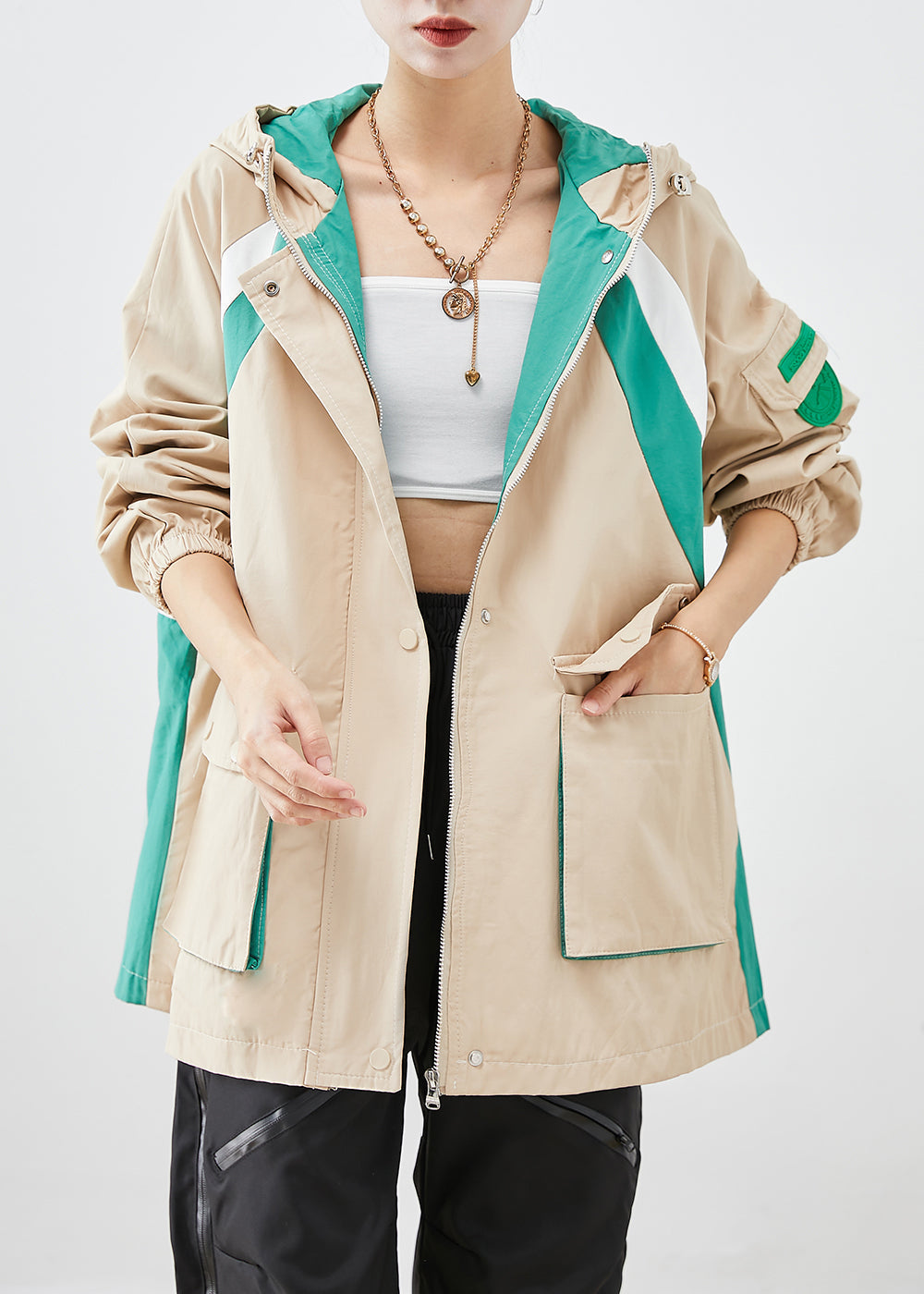 Khaki Oversized Patchwork Applique Cotton Jacket Fall