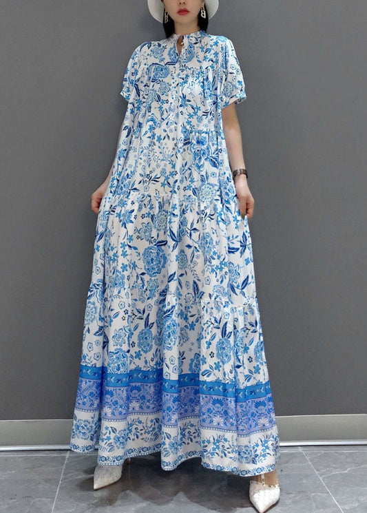 Blue Wrinkled Chiffon Long Dress Short Sleeve Summer