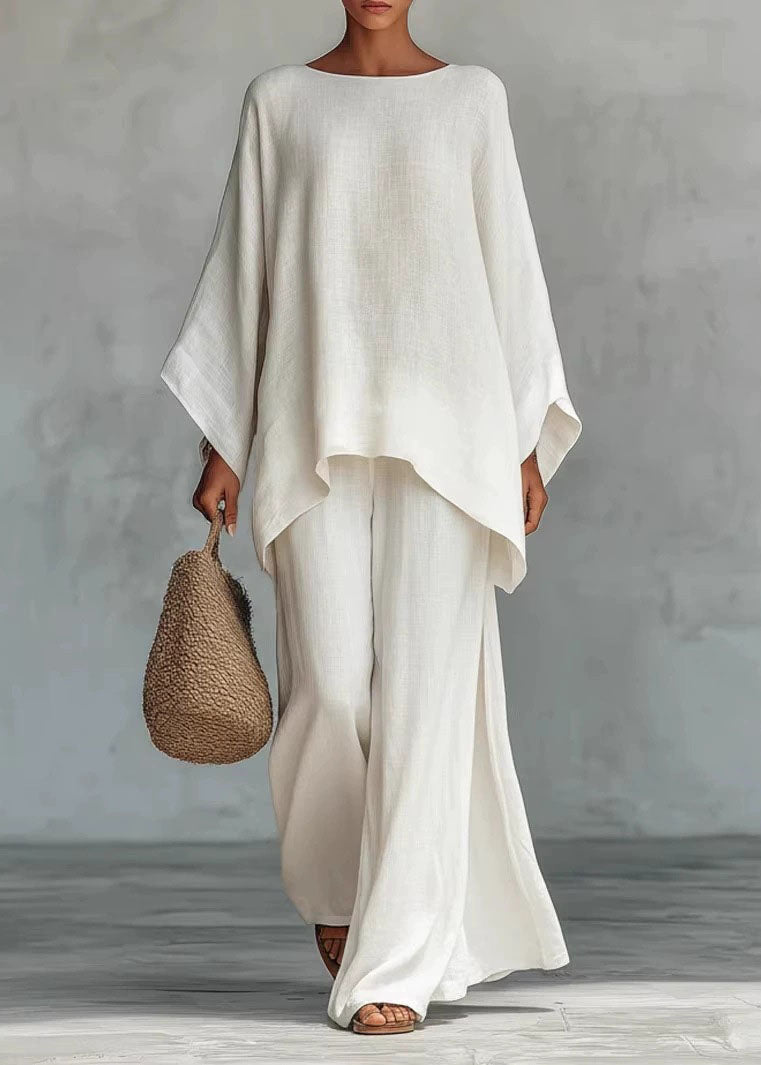White O Neck Asymmetrical Design Cotton Two Pieces Set Summer