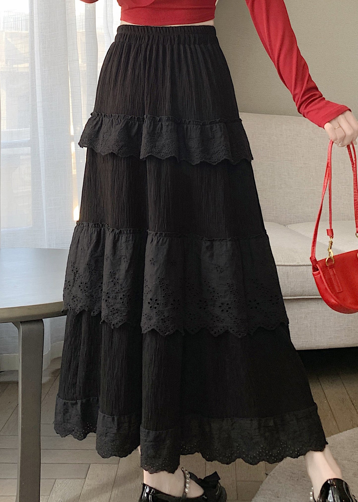 Black High Waist Patchwork Cotton Skirts Summer