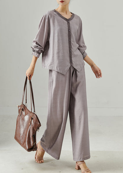 Purple Linen Two Pieces Set Oversized Chinese Button Summer