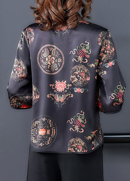 Black Mandarin Collar Button Print Silk Shirt Tops Half Sleeve
