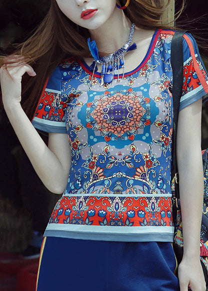 Modern Blue O-neck Print T Shirt Summer