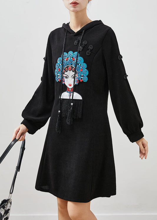 Black Embroideried Chinese Button Corduroy Dress Spring