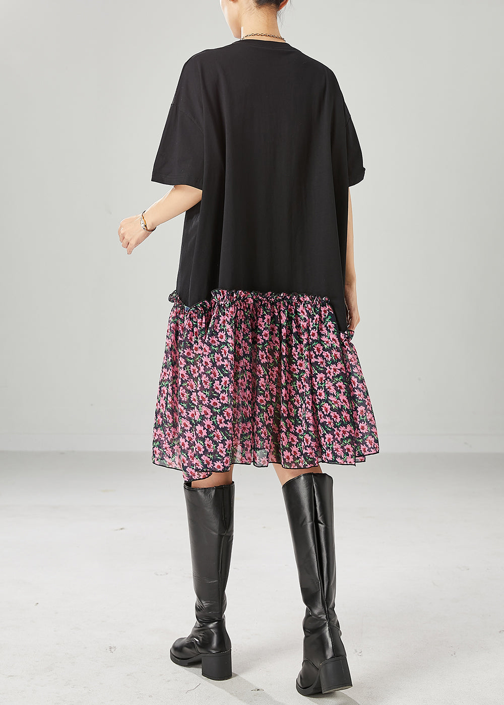 Black Ruffled Patchwork Letter Print Cotton Robe Dresses Summer